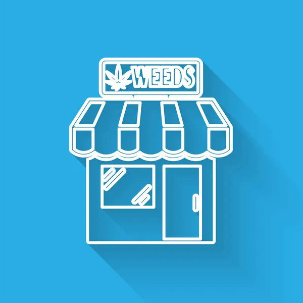 Ikon toko Marijuana dan ganja garis putih terisolasi dengan bayangan panjang. Peralatan dan aksesoris untuk merokok, menyimpan ganja medis. Ilustrasi Vektor - Stok Vektor