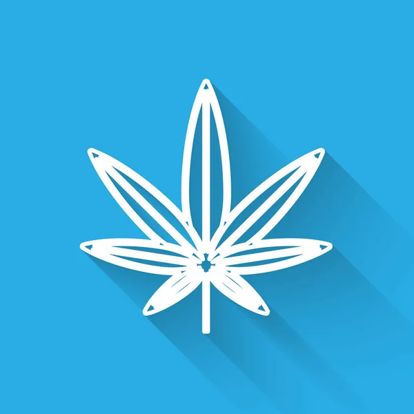 Weiße Linie Medizinisches Marihuana oder Cannabisblatt-Symbol isoliert mit langem Schatten. Hanf-Symbol. Vektorillustration — Stockvektor