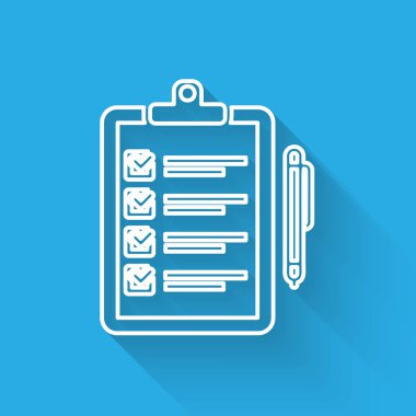 Uzun gölgeile yalıtılmış teslim listesi panosu nun ve kalem simgesinin beyaz satır doğrulaması. Vektör İllüstrasyonu