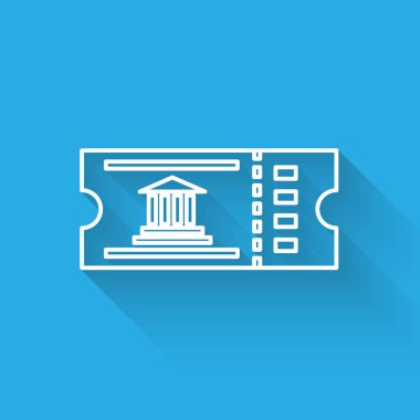 Beyaz çizgi Müze bilet simgesi uzun gölge ile izole. Tarih müzesi bilet kupon olay sergi gezi itiraf. Vektör İllüstrasyonu