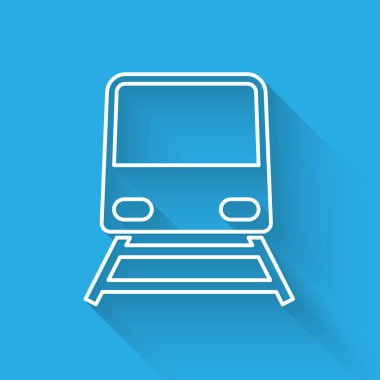 Beyaz çizgi Tren simgesi uzun gölge ile izole. Toplu taşıma sembolü. Metro taşımacılığı. Metro metrosu. Vektör İllüstrasyonu
