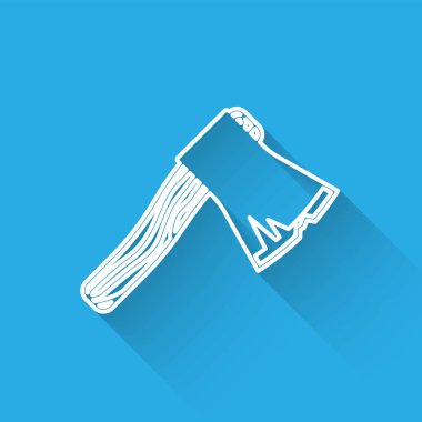 Beyaz çizgi Uzun gölge ile izole eski ahşap balta simgesi. Oduncu baltası. Vektör İllüstrasyonu