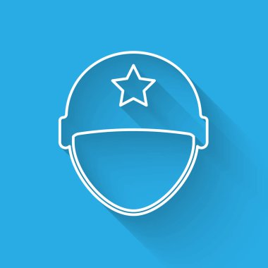 Beyaz çizgi Askeri kask simgesi uzun gölge ile izole. Savunma ve korumak ordu şapka sembolü. Koruyucu şapka. Vektör İllüstrasyonu