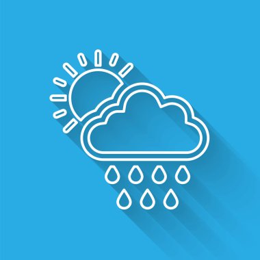 Uzun gölge ile izole yağmur ve güneş simgesi ile Beyaz çizgi Bulut. Yağmur damlaları ile yağmur bulutu yağış. Vektör İllüstrasyonu