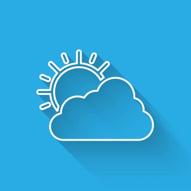 Beyaz çizgi Güneş ve bulut hava ikonu uzun gölgeli izole edilmiş. Vektör İllüstrasyonu