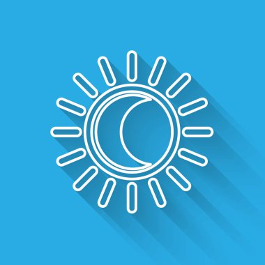 Güneş tutulmasının beyaz çizgi simgesi uzun gölgelerle izole edilmiş. Tam sonar tutulması. Vektör İllüstrasyonu