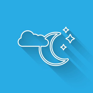 Uzun gölge ile izole ay ve yıldız simgesi ile Beyaz çizgi Bulut. Bulutlu gece işareti. Uyku rüyaları sembolü. Gece ya da yatak saati işareti. Vektör İllüstrasyonu