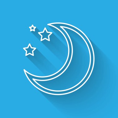 Beyaz çizgi Ay ve yıldızlar simgesi uzun gölge ile izole. Vektör İllüstrasyonu