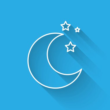 Beyaz çizgi Ay ve yıldızlar simgesi uzun gölge ile izole. Vektör İllüstrasyonu