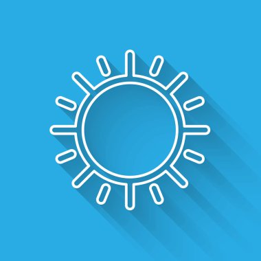 Beyaz çizgi Güneş simgesi uzun gölge ile izole. Vektör İllüstrasyonu