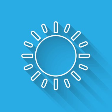 Beyaz çizgi Güneş simgesi uzun gölge ile izole. Vektör İllüstrasyonu