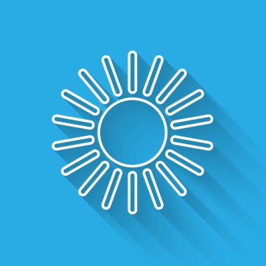 Beyaz çizgi Güneş simgesi uzun gölge ile izole. Vektör İllüstrasyonu