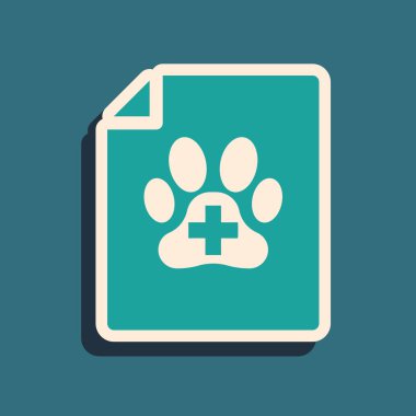 Mavi arka planda izole köpek veya kedi simgesi ile seyahat için Yeşil Tıp sertifikası. Evcil hayvan için belge. Köpek ya da kedi pençesi izi. Uzun gölge stili. Vektör İllüstrasyonu
