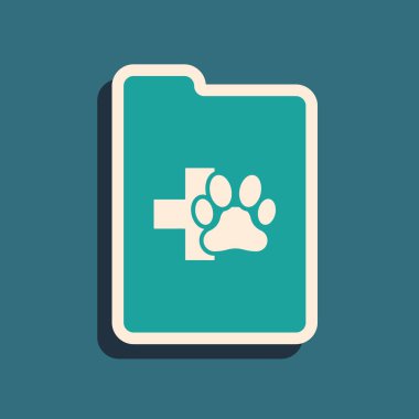 Mavi arka plan üzerinde izole tıbbi klinik kayıt pet simgesi ile Yeşil Pano. Sağlık sigortası formu. Tıbbi kontrol işaretleri raporu. Uzun gölge stili. Vektör İllüstrasyonu