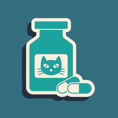 Yeşil Kedi ilaç şişe ve hap simgesi mavi arka plan üzerinde izole. Haplarla dolu bir kap. Hayvanlar için reçeteli ilaç. Uzun gölge stili. Vektör İllüstrasyonu