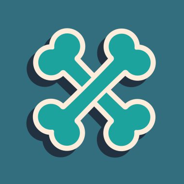 Yeşil Çapraz kemikler simgesi mavi arka plan üzerinde izole. Evcil hayvan gıda sembolü. Uzun gölge stili. Vektör İllüstrasyonu