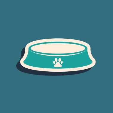 Mavi arka plan üzerinde izole kedi veya köpek simgesi için Yeşil Pet gıda kase. Köpek ya da kedi pençesi izi. Uzun gölge stili. Vektör İllüstrasyonu
