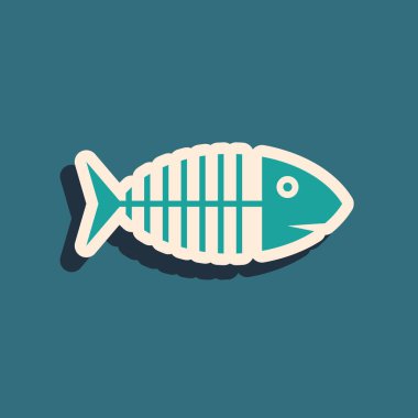 Yeşil Balık iskelet simgesi mavi arka plan üzerinde izole. Balık kemiği işareti. Uzun gölge stili. Vektör İllüstrasyonu