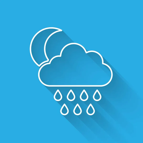 Weiße Linie Wolke mit Regen und Mond-Symbol isoliert mit langem Schatten. Regenwolken Niederschlag mit Regentropfen. Vektorillustration — Stockvektor