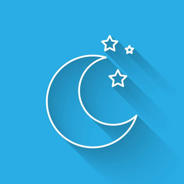 Beyaz çizgi Ay ve yıldızlar simgesi uzun gölge ile izole. Vektör İllüstrasyonu — Stok Vektör