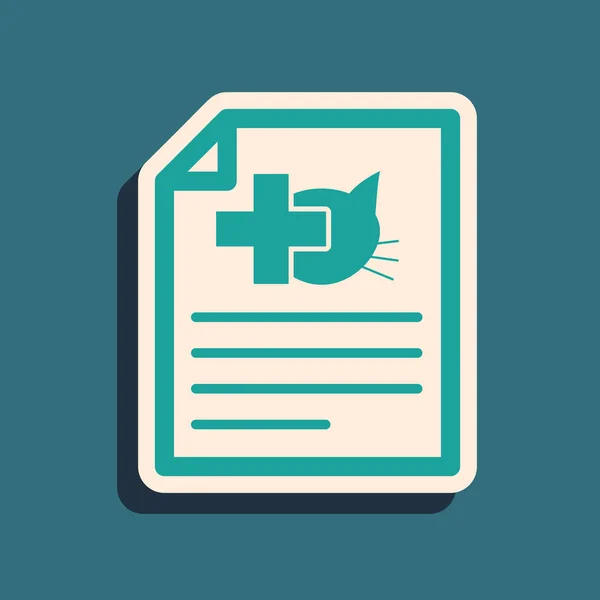 Groen medisch certificaat voor reizen met hond of kat pictogram geïsoleerd op blauwe achtergrond. Document voor Pet. Lange schaduwstijl. Vector illustratie — Stockvector