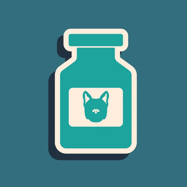 緑の犬の薬のボトルのアイコンは、青い背景に分離しました。錠剤付き容器。動物の処方薬。長いシャドウ スタイル。ベクトルイラストレーション — ストックベクタ