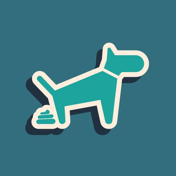 Green Dog pooping icon isolated on blue background. Dog goes to the toilet. Dog defecates. The concept of place for walking pets. Long shadow style. Vector Illustration — Stock Vector