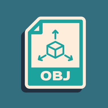 Yeşil Obj dosya belgesi. Mavi arka planda yalıtılmış obj düğme simgesini indirin. Obj dosya sembolü. Uzun gölge stili. Vektör İllüstrasyonu