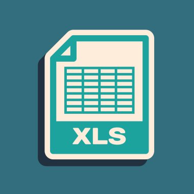 Yeşil Xls dosya belgesi. Mavi arka planda yalıtılmış xls düğme simgesini indirin. Excel dosya simgesi. Uzun gölge stili. Vektör İllüstrasyonu