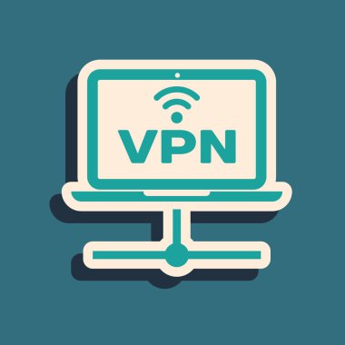 Yeşil Vpn Bilgisayar ağ simgesi mavi arka planda yalıtılmış. Dizüstü bilgisayar ağı. İnternet bağlantısı. Uzun gölge stili. Vektör İllüstrasyonu
