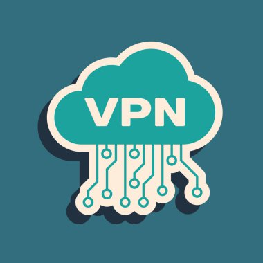 Yeşil Bulut Vpn arabirim simgesi mavi arka planda yalıtılmış. Yazılım entegrasyonu. Uzun gölge stili. Vektör İllüstrasyonu