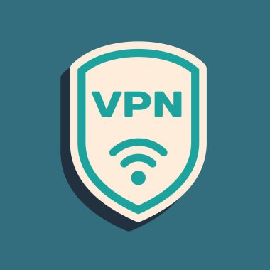 Yeşil Kalkan Vpn ve wifi kablosuz internet ağı simge simgesi mavi arka plan üzerinde izole ile. Vpn güvenlik kavramını koruyun. Uzun gölge stili. Vektör İllüstrasyonu