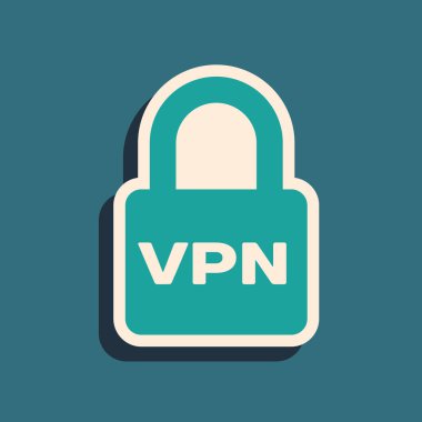 Mavi arka planda yalıtılmış Yeşil Kilit Vpn simgesi. Uzun gölge stili. Vektör İllüstrasyonu