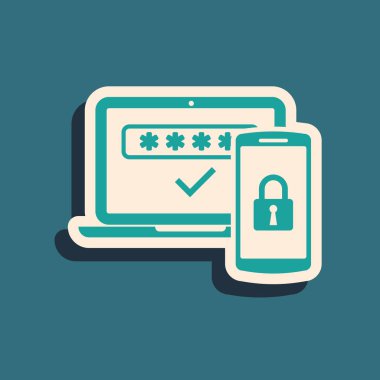 Yeşil Çoklu faktör, mavi arka planda yalıtılmış iki adımlı kimlik doğrulama simgesi. Uzun gölge stili. Vektör İllüstrasyonu