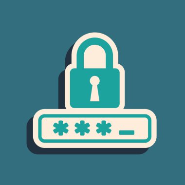 Mavi arka planda yalıtılmış Yeşil Parola koruması ve güvenlik erişim simgesi. Simgeyi kilitleyin. Güvenlik, güvenlik, koruma, gizlilik kavramı. Uzun gölge stili. Vektör İllüstrasyonu