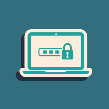 Mavi arka planda yalıtılmış parola bildirimi ve kilit simgesi ne reliyeşil laptop. Güvenlik, kişisel erişim, kullanıcı yetkilendirme, giriş formu. Uzun gölge stili. Vektör İllüstrasyonu