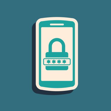 Yeşil Cep telefonu ve parola koruma simgesi mavi arka planda yalıtılmış. Güvenlik, güvenlik, kişisel erişim, kullanıcı izni, gizlilik. Uzun gölge stili. Vektör İllüstrasyonu