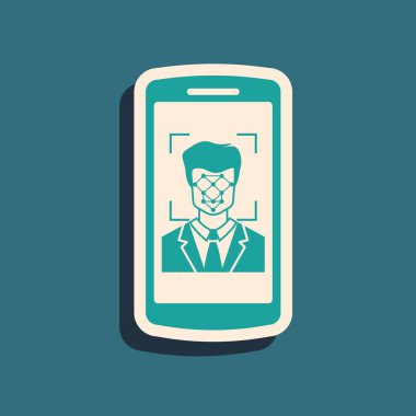Yeşil Cep telefonu ve yüz tanıma simgesi mavi arka plan üzerinde izole. Yüz tanımlama tarayıcı simgesi. Yüz kimliği. Siber güvenlik. Uzun gölge stili. Vektör İllüstrasyonu