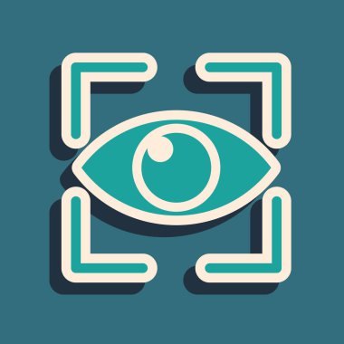 Yeşil Göz mavi arka plan üzerinde izole ikonu. Tarama gözü. Güvenlik kontrolü sembolü. Siber göz işareti. Uzun gölge stili. Vektör İllüstrasyonu