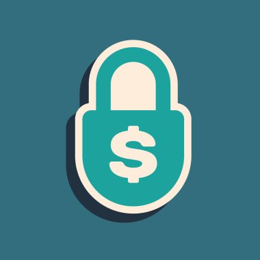 Mavi arka planda yalıtılmış Yeşil Para kilidi simgesi. Asma kilit ve dolar sembolü. Finans, güvenlik, güvenlik, koruma, gizlilik kavramı. Uzun gölge stili. Vektör İllüstrasyonu