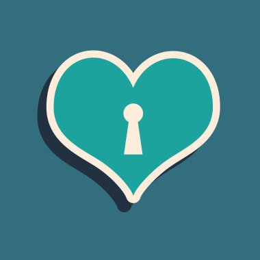 Yeşil Kalp anahtar deliği simgesi mavi arka plan üzerinde izole ile. Kilitli Kalp. Aşk sembolü ve anahtar deliği işareti. Uzun gölge stili. Vektör İllüstrasyonu