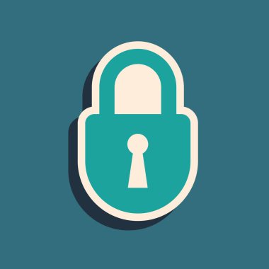 Mavi arka planda yalıtılmış Yeşil Kilit simgesi. Asma kilit işareti. Güvenlik, güvenlik, koruma, gizlilik kavramı. Uzun gölge stili. Vektör İllüstrasyonu