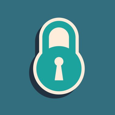 Mavi arka planda yalıtılmış Yeşil Kilit simgesi. Asma kilit işareti. Güvenlik, güvenlik, koruma, gizlilik kavramı. Uzun gölge stili. Vektör İllüstrasyonu