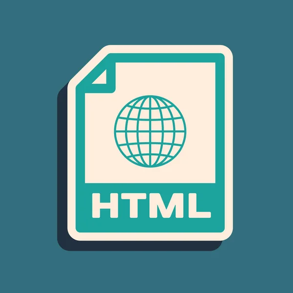 Document met een groen HTML-bestand. Download HTML knop icoon geïsoleerd op blauwe achtergrond. HTML-bestand symbool. Markup Language-symbool. Lange schaduwstijl. Vector illustratie — Stockvector