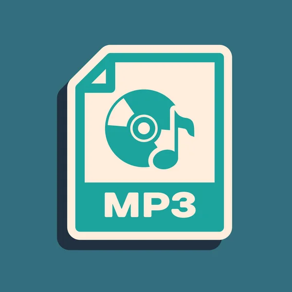 Grüne mp3-Datei Dokument. mp3-Symbol auf blauem Hintergrund isoliert herunterladen. mp3 Musikformat Zeichen. mp3-Dateisymbol. Lange Schatten. Vektorillustration — Stockvektor