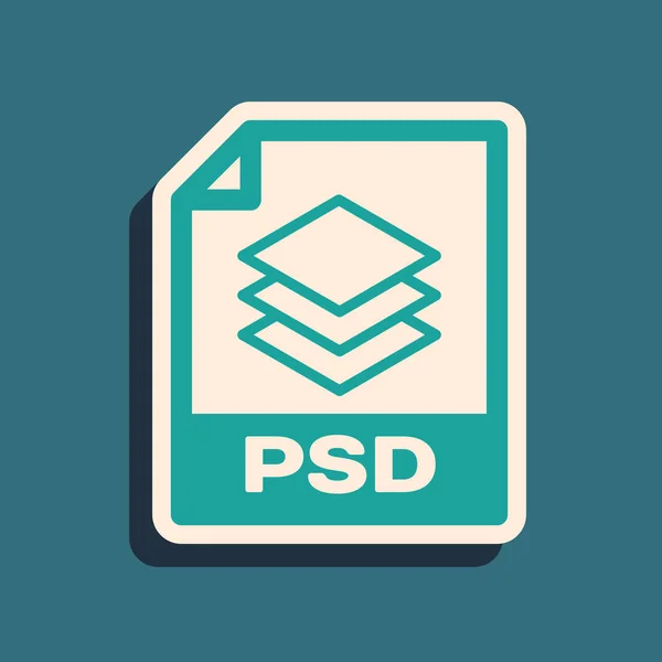 Green PSD file document. Download psd button icon isolated on blue background. PSD file symbol. Long shadow style. Vector Illustration