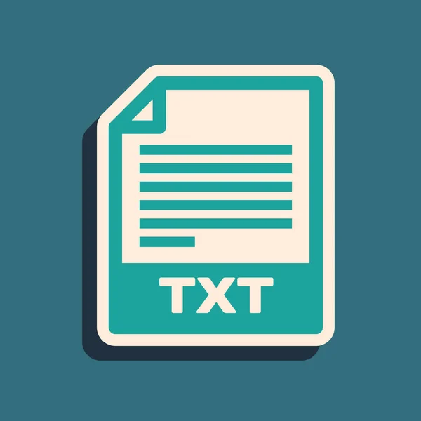 Green TXT file document. Download txt button icon isolated on blue background. Text file extension symbol. Long shadow style. Vector Illustration