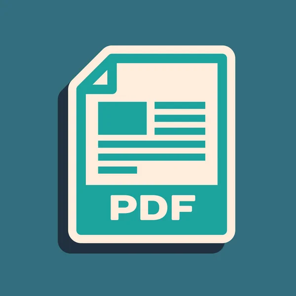 Green PDF file document. Download pdf button icon isolated on blue background. PDF file symbol. Long shadow style. Vector Illustration