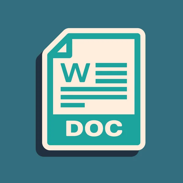 Document met een groen doc-bestand. Download doc knop icoon geïsoleerd op blauwe achtergrond. Doc bestandsextensie symbool. Lange schaduwstijl. Vector illustratie — Stockvector