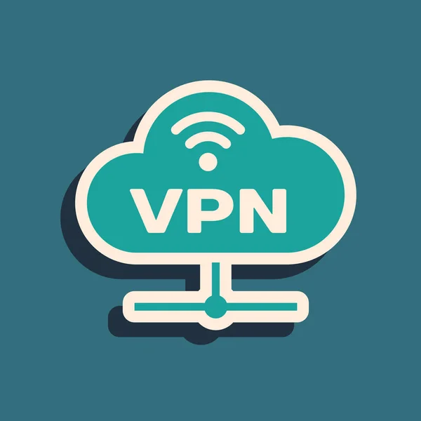 Icono de conexión a la nube de red VPN verde aislado sobre fondo azul. Tecnología social. Concepto de computación en nube. Estilo de sombra larga. Ilustración vectorial — Vector de stock